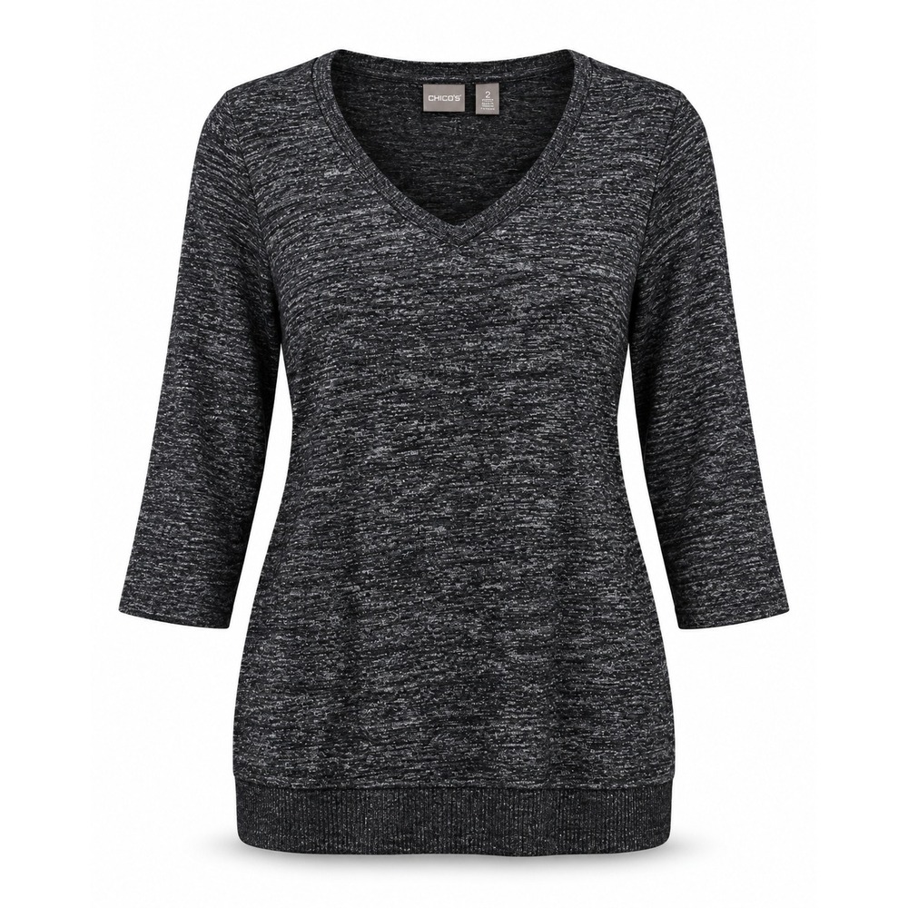 Chico's Size 2 Large V-Neck Tunic Sweater Gray Marled 3/4 Sleeve Space Dye Top